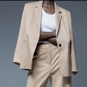 NWOT Zara, Beige Pinstripe Single-Button Blazer, Business, Size M